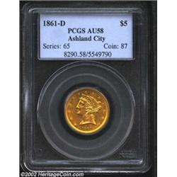 1861-D $5 AU58 PCGS. Winter 32-X. Between January and April of 1861, 1,597 Half Eagles were struck b