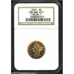 1869 $5 MS64 NGC. Formerly sold as lot 7668 in our 2000 Central States Sale, where it was described.