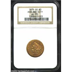 1875-CC $5 AU55 NGC. Winter 1-B. Only 85-95 pieces are known today out of the original mintage of 11