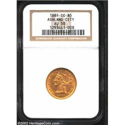 1881-CC $5 AU58 NGC. Winter 1-A. The 1881-CC is one of the rarest of all Carson City Fives. Only 13,