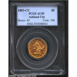 1883-CC $5 AU55 PCGS. Winter 1-A. The 1883-CC is a scarce and undervalued Carson City Half Eagle wit