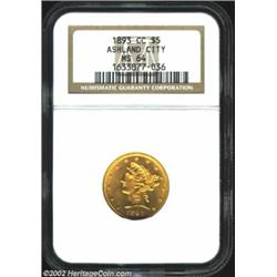 1893-CC $5 MS64 NGC. Winter 2-A. After numerous scandals in the Carson City mint and suffering from.