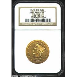 1871-CC $10 AU55 NGC. Winter 1-A. One of just 8,085 pieces produced, this coin is also one of no mor