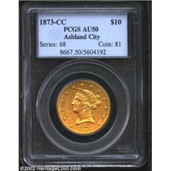 1873-CC $10 AU50 PCGS. Winter 2-B. Two obverse dies and two reverse dies (one of which was first use