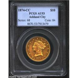 1874-CC $10 AU53 PCGS. Winter 1-A, the only known dies. Eagle production at the Carson City Mint rat