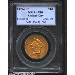 1877-CC $10 AU50 PCGS. Winter 1-A. The Condition Census for this low mintage CC-mint rarity ranges i