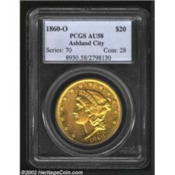 1860-O $20 AU58 PCGS. From a paltry original mintage of 6,600 pieces comes this high Condition Censu