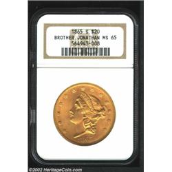 1865-S $20 MS65 NGC. Ex: Brother Jonathan. This sharply struck Gem is richly frosted throughout. The