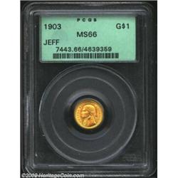 1903 G$1 Louisiana Purchase/Jefferson MS66 PCGS. The otherwise orange-gold coloration yields to gree