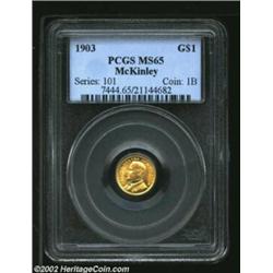 1903 G$1 Louisiana Purchase/McKinley MS65 PCGS. Aesthetically pleasing green-gold color envelops bot