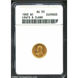 1905 G$1 Lewis and Clark AU50 ANACS. Although the fields are slightly abraded, the color is rich and