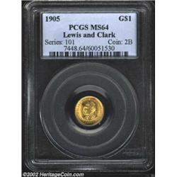 1905 G$1 Lewis and Clark MS64 PCGS. A vibrant yellow-gold example that possesses swirling, satiny lu