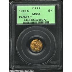 1915-S G$1 Panama-Pacific Gold Dollar MS64 PCGS. Slight hazy toning quiets the luster on both sides,