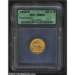 1915-S $2 1/2 Panama-Pacific Quarter Eagle MS64 ICG. Golden-orange in color, the surfaces are uncomm