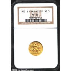 1915-S $2 1/2 Panama-Pacific Quarter Eagle MS65 NGC. Satiny olive-gold surfaces with a subtle pinkis