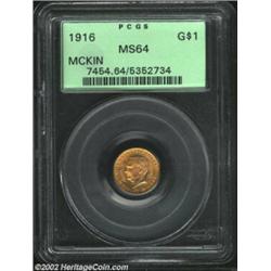 1916 G$1 McKinley MS64 PCGS. Only a few shallow hairlines are seen on the otherwise clean surfaces o