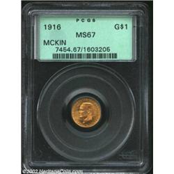 1916 G$1 McKinley MS67 PCGS. Full, sparkling mint luster overlays both sides with a richly frosted t