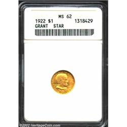 1922 G$1 Grant with Star MS62 ANACS. Green-gold undertones peer through reddish-orange coloration. A