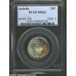 1893 25C Isabella Quarter MS63 PCGS. A touch of golden-orange and blue toning is present on the obve