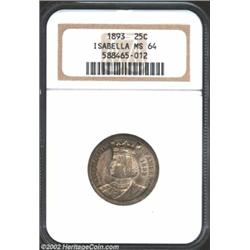 1893 25C Isabella Quarter MS64 NGC. A band of lovely apple-green peripheral patina surrounds the lav