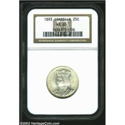 1893 25C Isabella Quarter MS65 NGC. The otherwise silver-gray surfaces reveal delicate golden accent