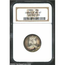 1893 25C Isabella Quarter MS67 NGC. Original and attractive, the fully frosted surfaces are adorned.