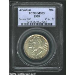 1938 50C Arkansas MS65 PCGS. The obverse periphery has warm peach patina, while the reverse has scat