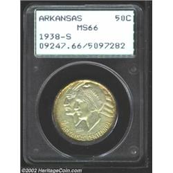 1938-S 50C Arkansas MS66 PCGS. Russet toning along the rims, with the rest of the coin milky-white..