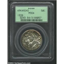 1939 50C Arkansas MS64 PCGS. The obverse is richly speckled with apple-green patina, while the rever