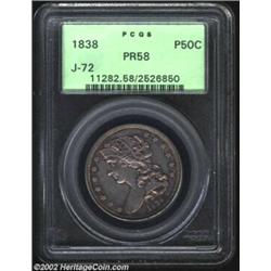 1838 P50C Half Dollar, Judd-72, Pollock-75, R.5, PR58 PCGS. The obverse depicts a draped bust of Lib