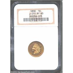 1858 P1C Indian Cent, Judd-211, Pollock-255, 262, R.5-7, PR65 NGC. Indian cent design of 1859 with a