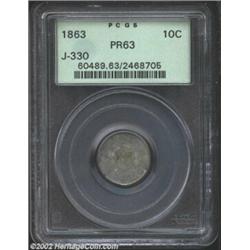 1863 10C Ten Cents, Judd-330, Pollock-399, R.6, PR63 PCGS. The obverse depicts an ornamental shield.