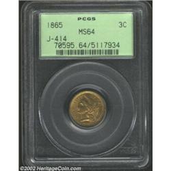 1865 3C Three Cent Nickel Judd-414, Pollock-485, R.8, MS64 PCGS. Regular die trials striking of the.