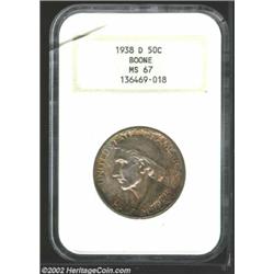 1938-D 50C Boone MS67 NGC. There is a halo of olive-gold iridescence around the reverse periphery wi