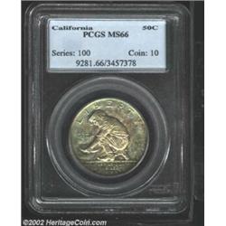 1925-S 50C California MS66 PCGS. Mottled shades of purple, golden-russet, and gunmetal-blue patina a