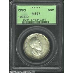 1936-D 50C Cincinnati MS67 PCGS. The otherwise tan-gray toning scheme yields to near-brilliance in t