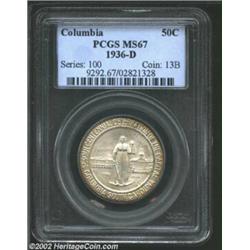 1936-D 50C Columbia MS67 PCGS. A well struck Superb Gem that has modest luster and blushes of golden