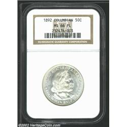 1892 50C Columbian MS66 Prooflike NGC. The silver-white surfaces combine frosty textured devices and