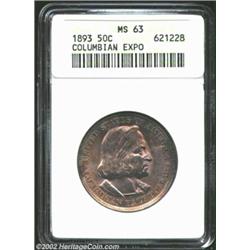 1893 50C Columbian MS63 ANACS. Lovely golden-brown, mauve, and apricot-gold patina. Boldly struck an