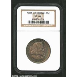 1893 50C Columbian MS66 NGC. A spectacularly toned Gem that has waves of gold, ruby-red, powder-blue