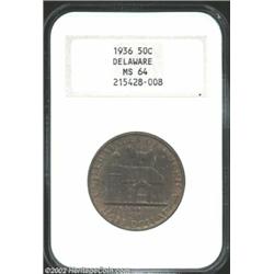 1936 50C Delaware MS64 NGC. Deeply toned in a heathered lavender color that nearly conceals the lust