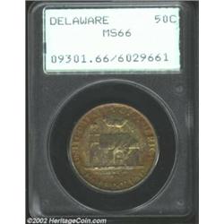 1936 50C Delaware MS66 PCGS. An attractive example with orange peripheral iridescence, which is mani