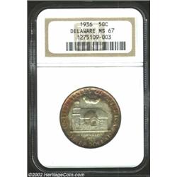 1936 50C Delaware MS67 NGC. Tab toned on the obverse in crimson-russet shadings and a silver-gray ap