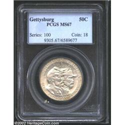 1936 50C Gettysburg MS67 PCGS. The otherwise silver-gray surfaces reveal whispers of pale tan colora