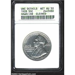 1928 50C Hawaiian--Cleaned--ANACS, Unc Details, Net AU50. The surfaces are abnormally bright from th