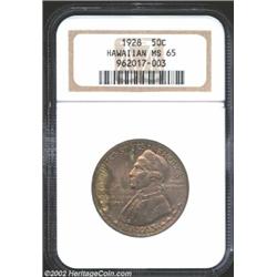 1928 50C Hawaiian MS65 NGC. The otherwise even endowment of champagne-pink patina yields to crescent