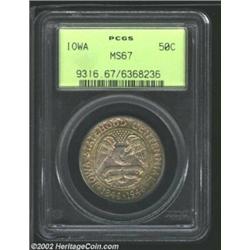 1946 50C Iowa MS67 PCGS. Dusky yellow-green, ruby-red, and lilac patina. A needle-sharp Superb Gem t