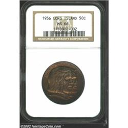 1936 50C Long Island MS66 NGC. Richly toned in colorful shades of sunset-red, deep gold, lime-green,