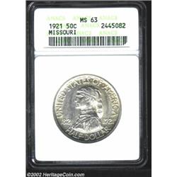 1921 50C Missouri MS63 ANACS. Untoned, the luster is too washed out for a higher grade. Important no