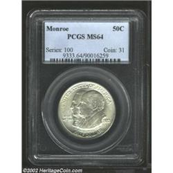 1923-S 50C Monroe MS64 PCGS. This near-Gem specimen is surprisingly lustrous and mark free. Monroe a